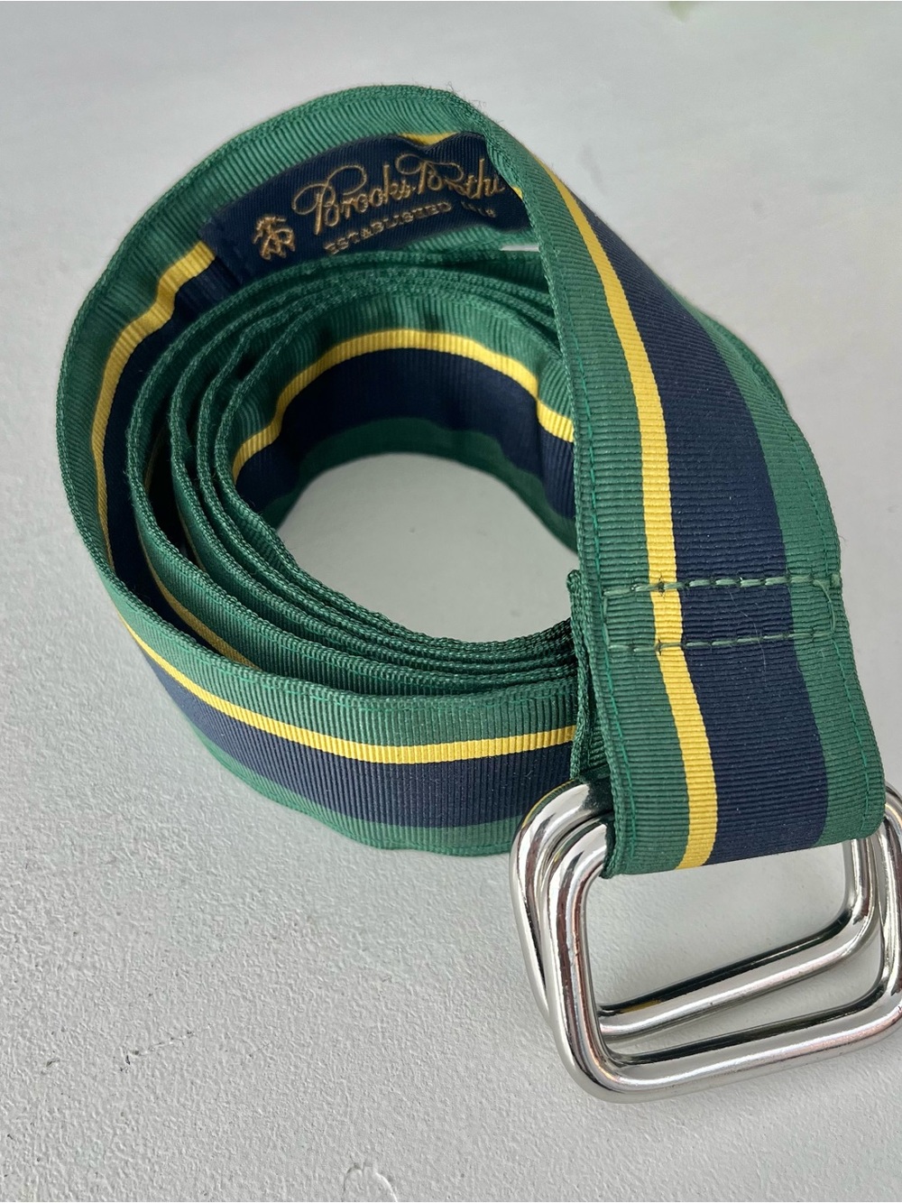 Brooks Brothers Ribbon Belt Blue Green Yellow Stripe Grosgrain Double D Ring XL